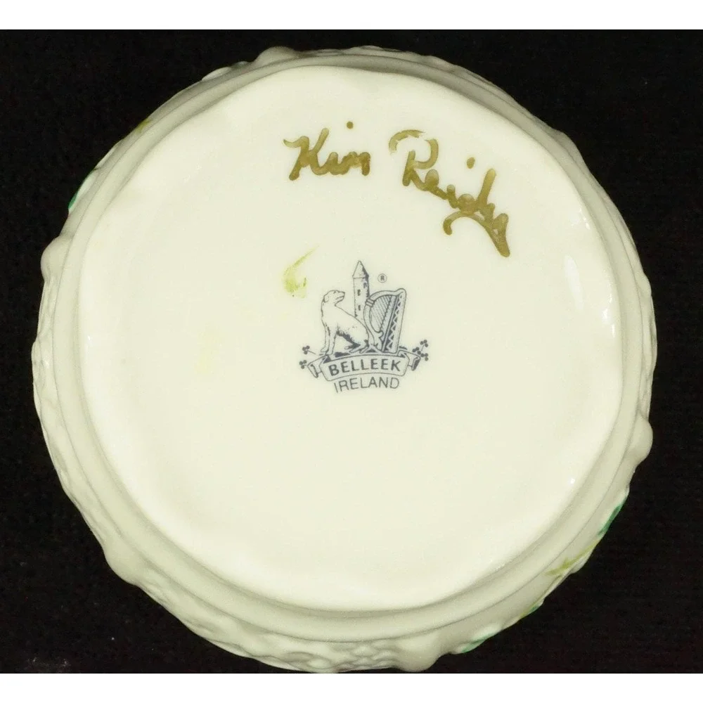 Irish Belleek Pottery Nadine Trinket Box with Lid 9th Blue Mark Signed Vtg 1990s